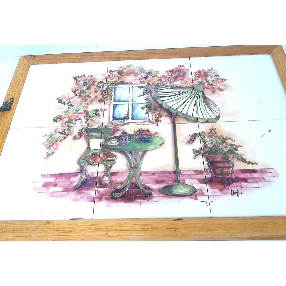 Vintage Empty Nest Ceramic Tile Wood Serving Tray Bistro French Café Scene